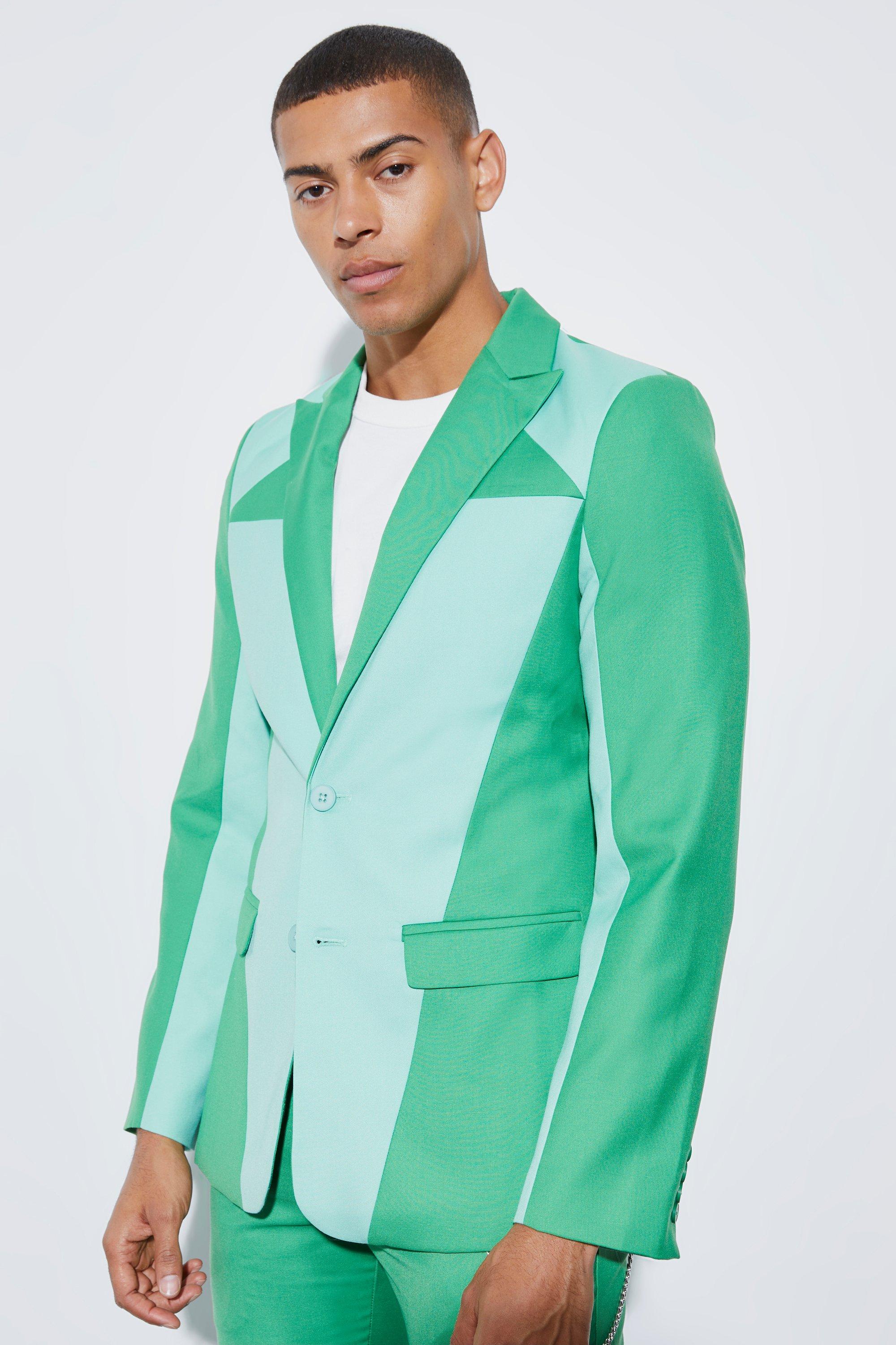 Green Skinny Colourblock Suit Jacket