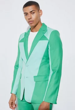 Green Skinny Colourblock Suit Jacket
