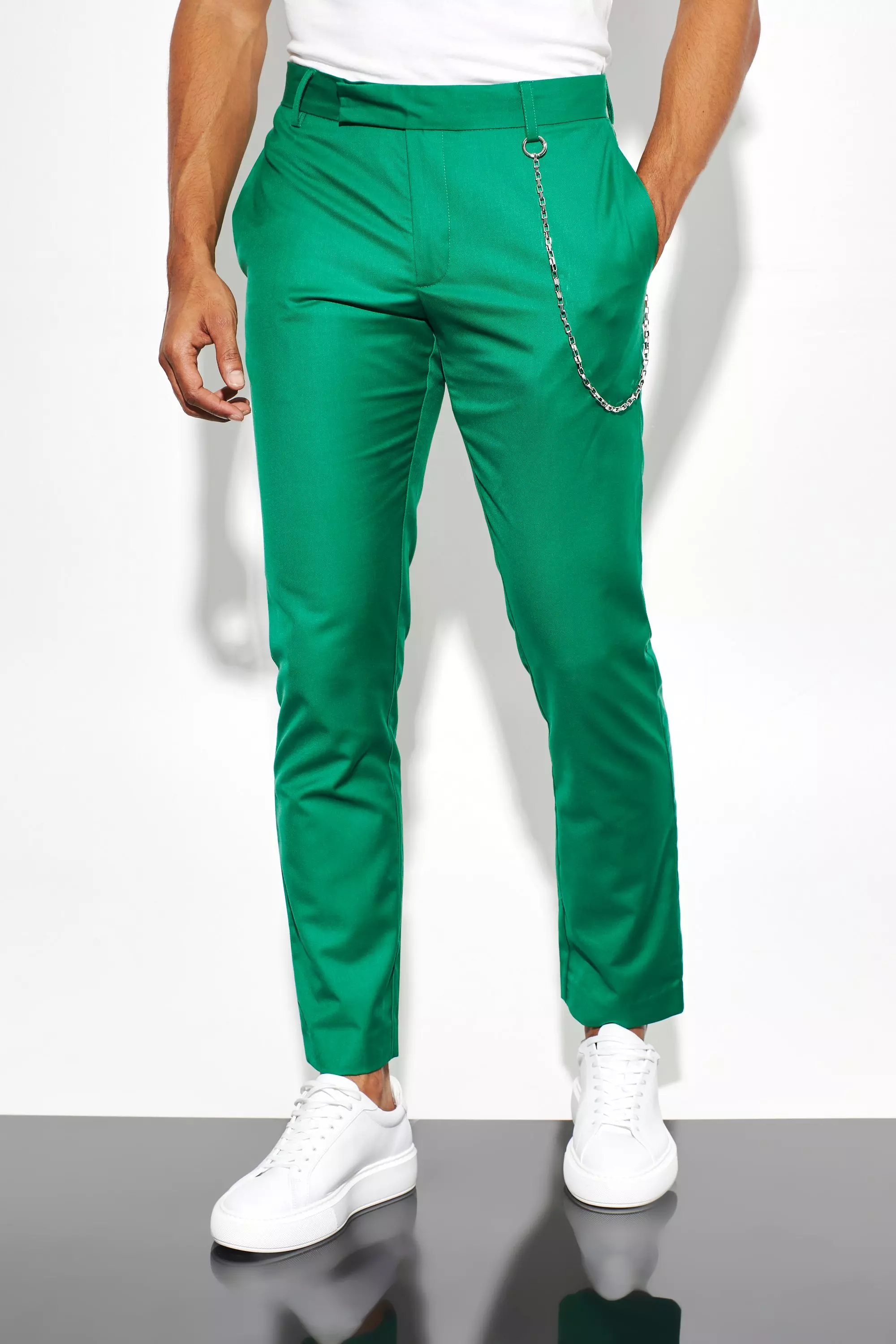 Green Slim Fit Suit Pants with Chain Detail