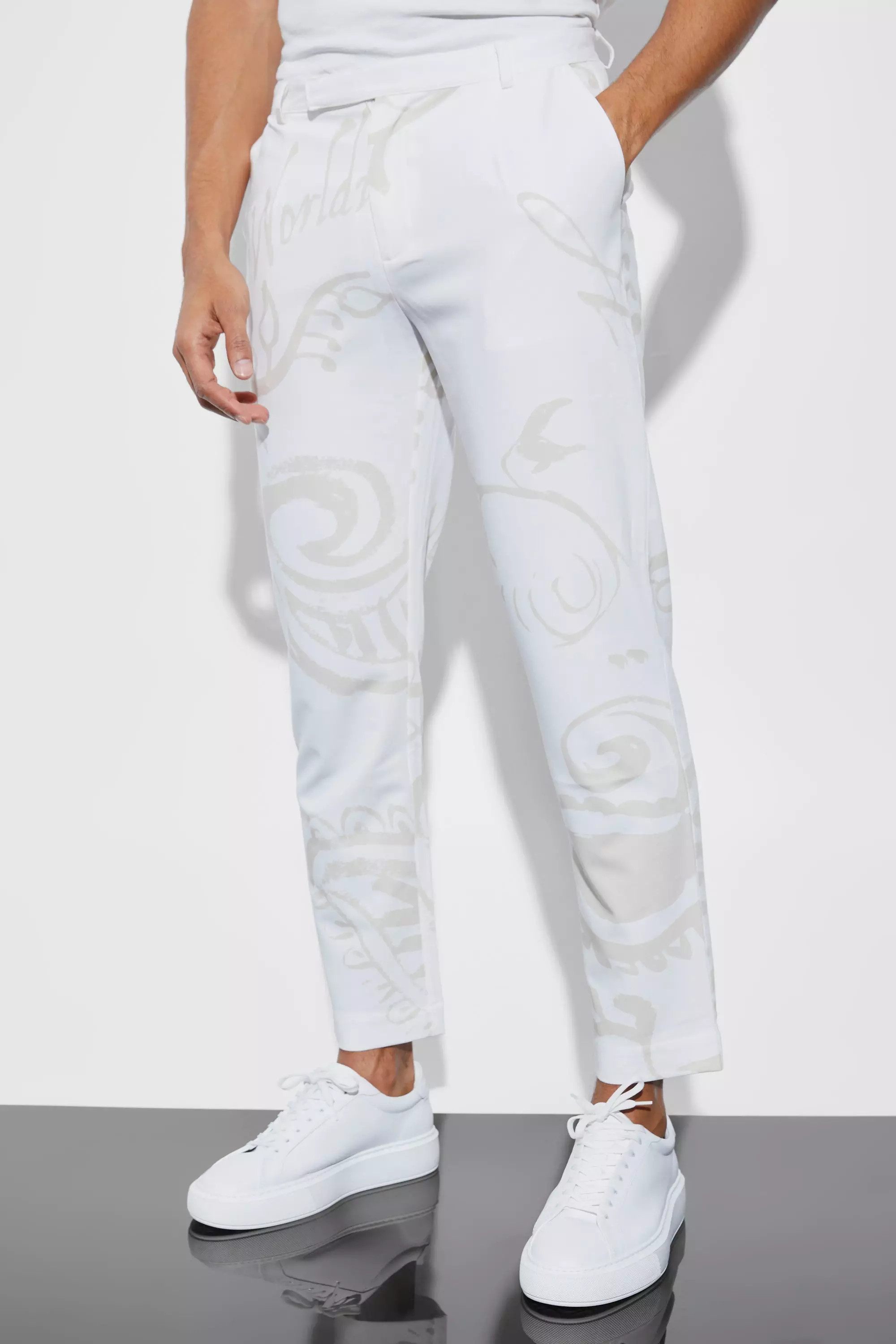 Ecru White Slim Crop Paisley Suit Pants
