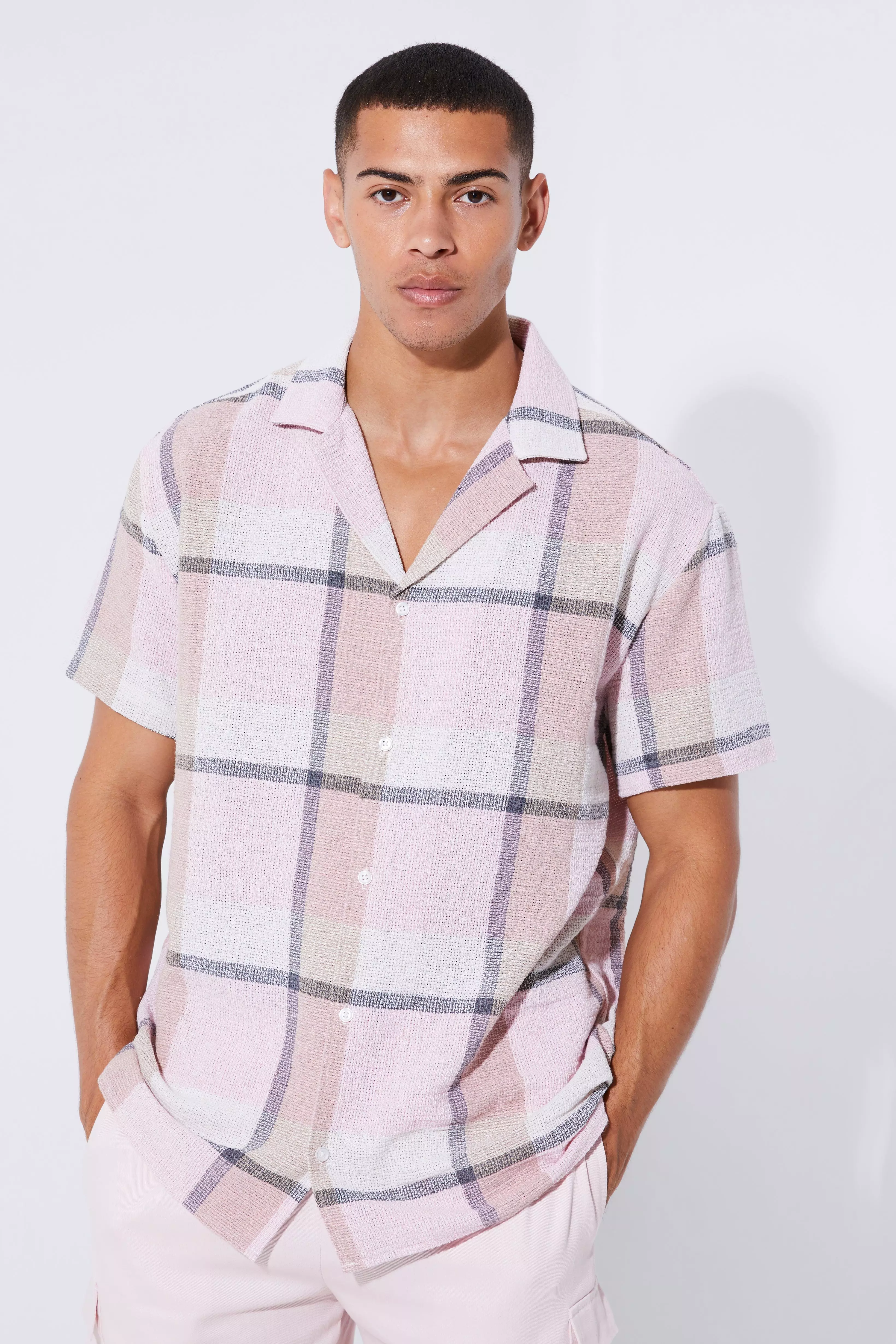 Short Sleeved Oversized Check Linen Look Shirt pink