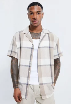 Short Sleeved Oversized Check Linen Shirt Stone