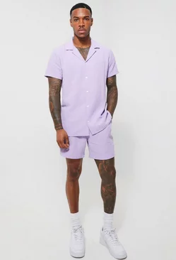 Short Sleeve Revere Linen Stripe Shirt & Short Set lilac