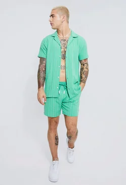 Short Sleeve Revere Linen Look Stripe Shirt & Short Set green