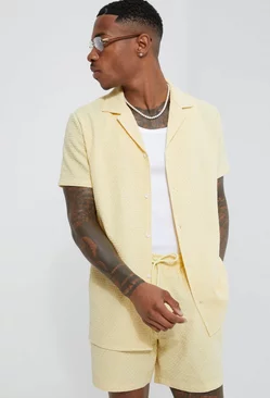 Short Sleeve Revere Geo Linen Look Shirt & Short Set yellow
