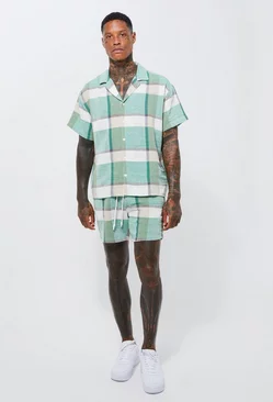 Short Sleeve Boxy Check Linen Look Shirt & Short Set green