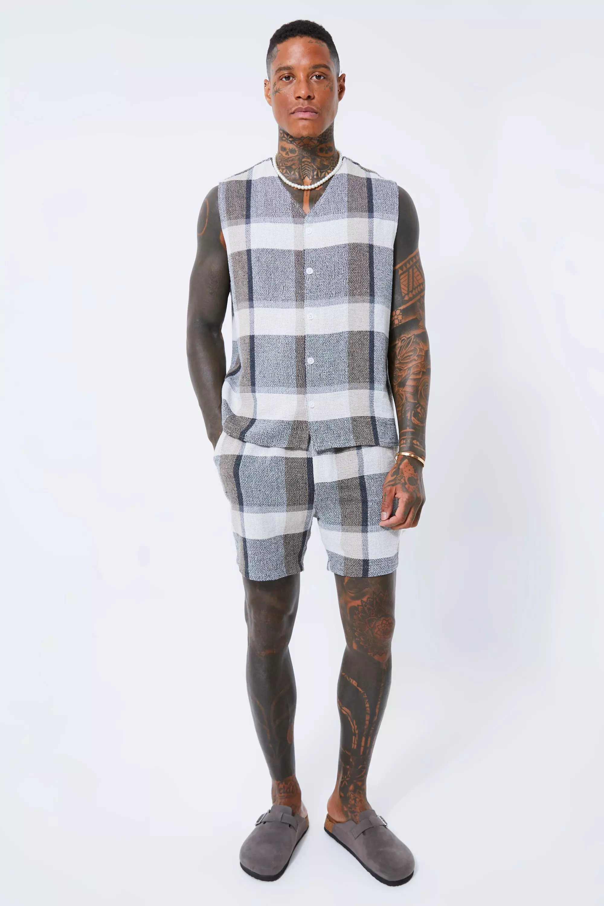 Sleeveless Check Linen Look Shirt & Short Set Stone