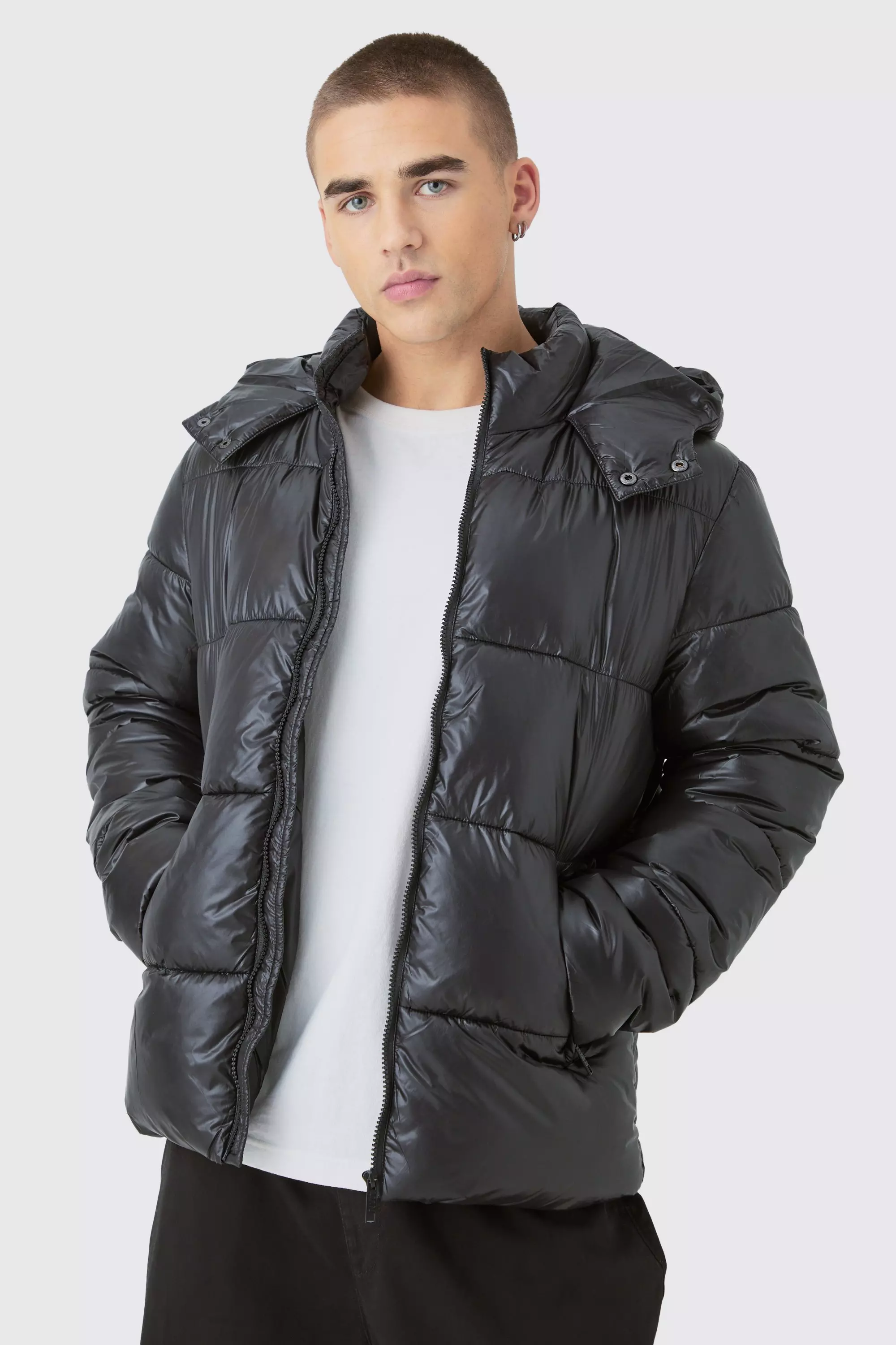 Hooded High Shine Puffer Jacket in Black Black