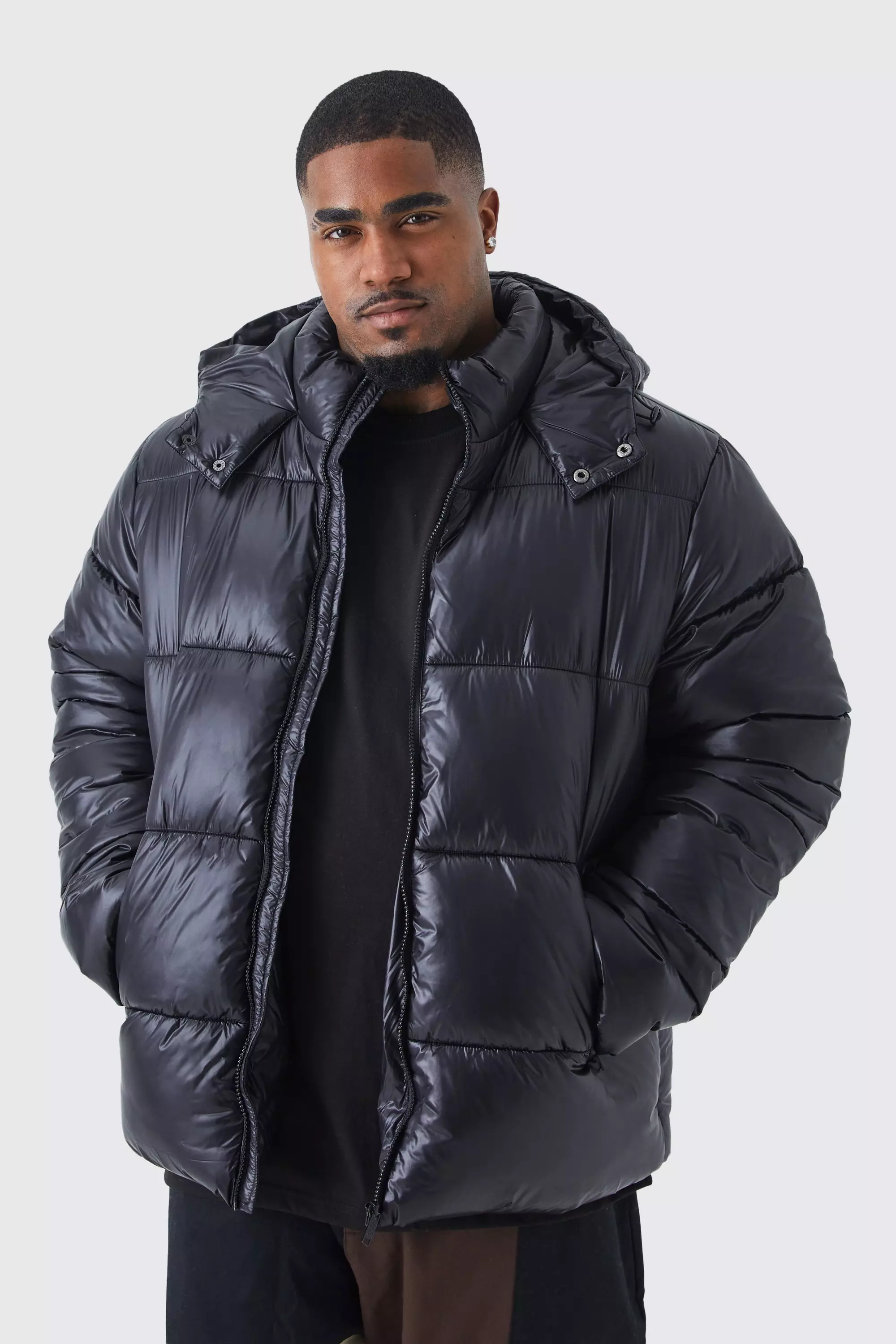 Black Plus Panelled High Shine Puffer Jacket