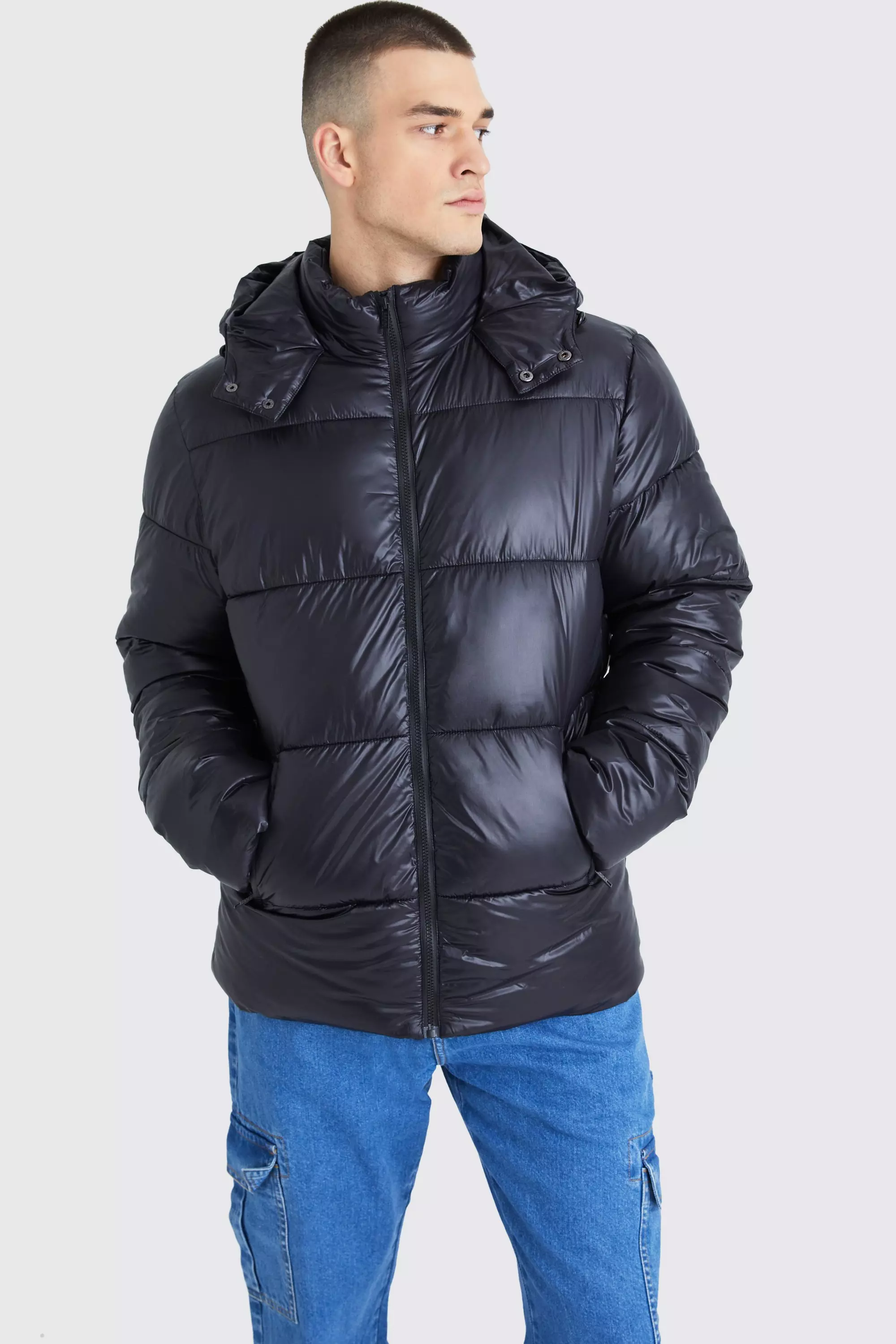 Tall Hooded High Shine Puffer Jacket in Black Black