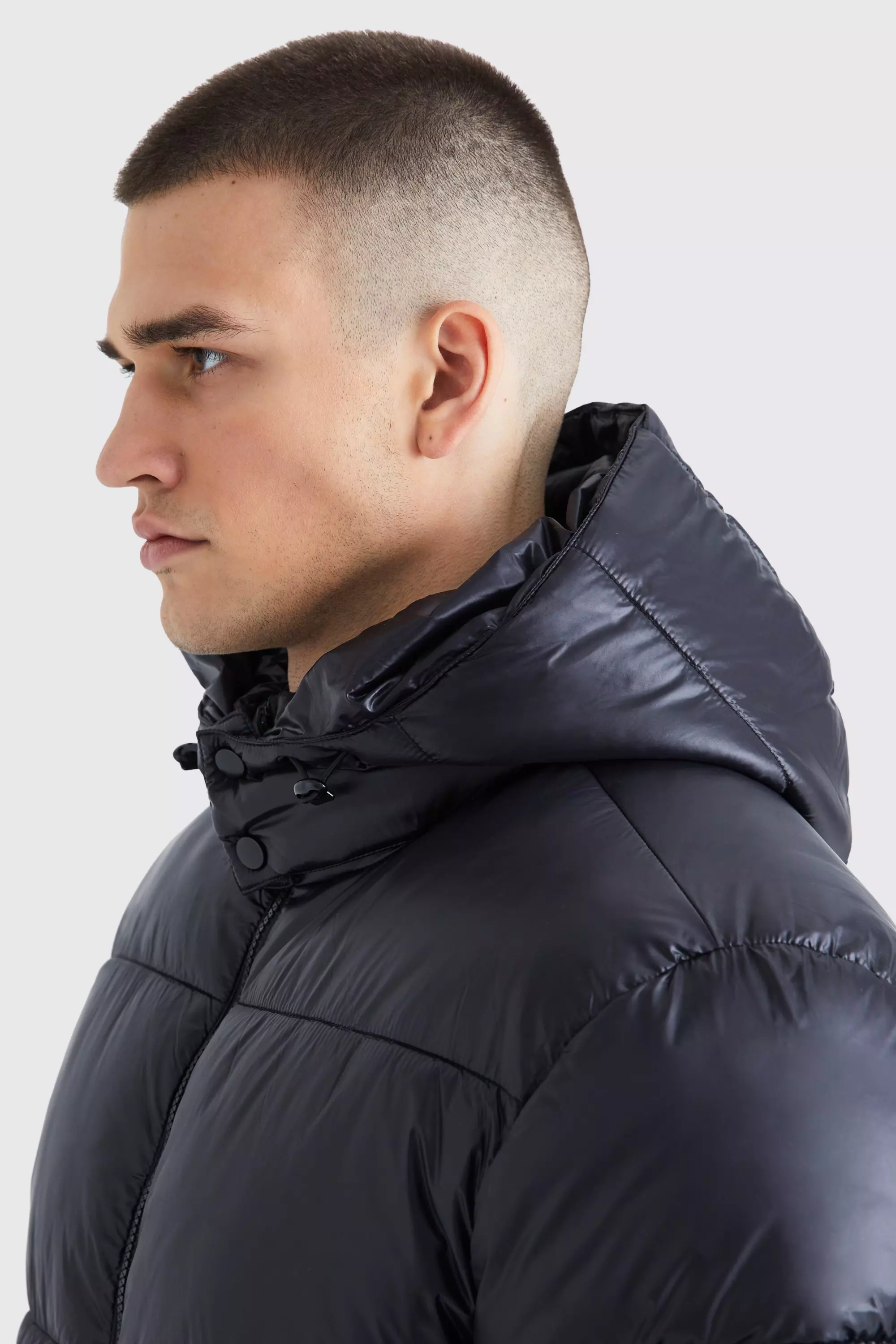 Tall Hooded High Shine Puffer Jacket in Black alternative image