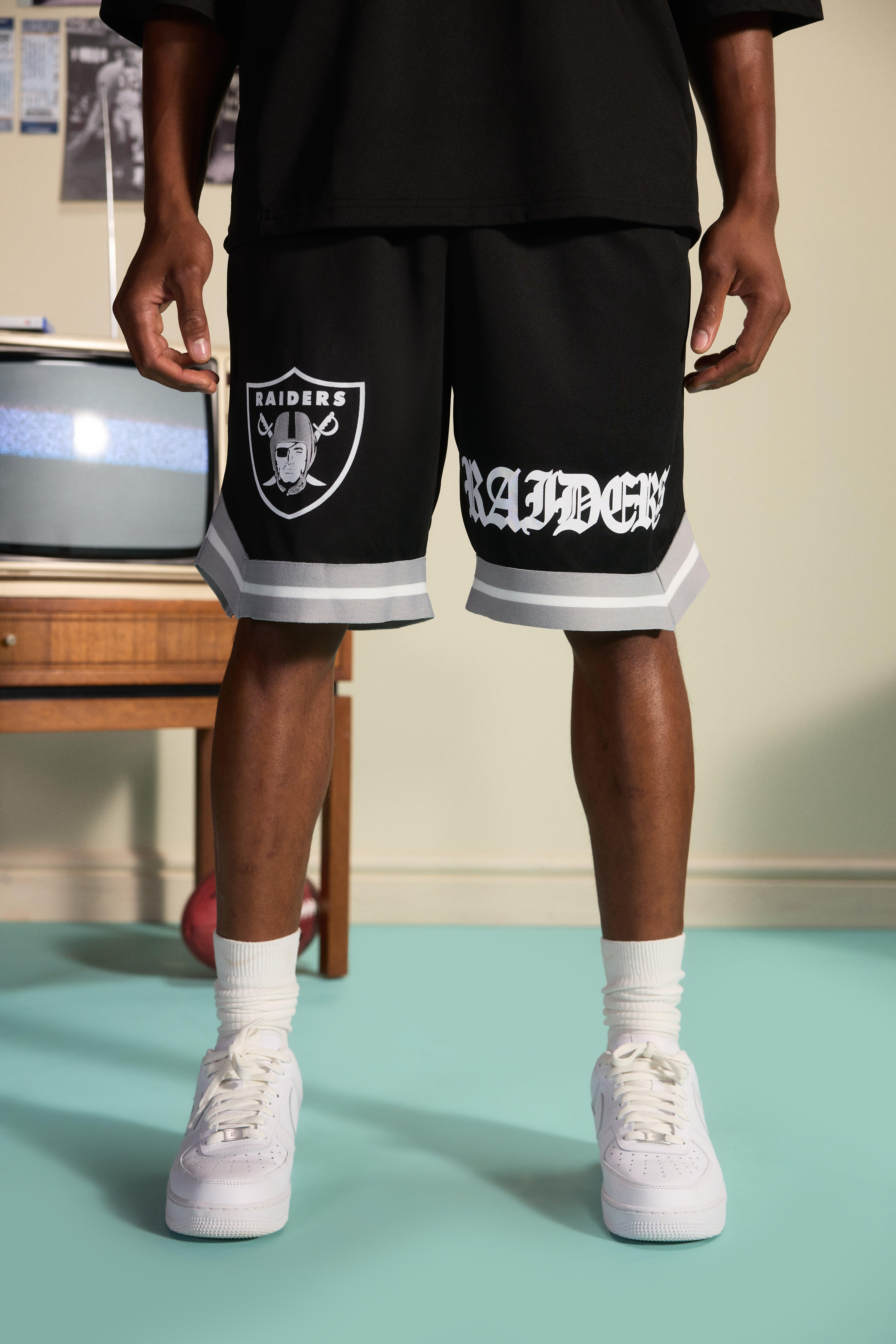 Baggy Mesh Nfl Raiders Shorts Met Gestreepte Zoom | boohooMAN