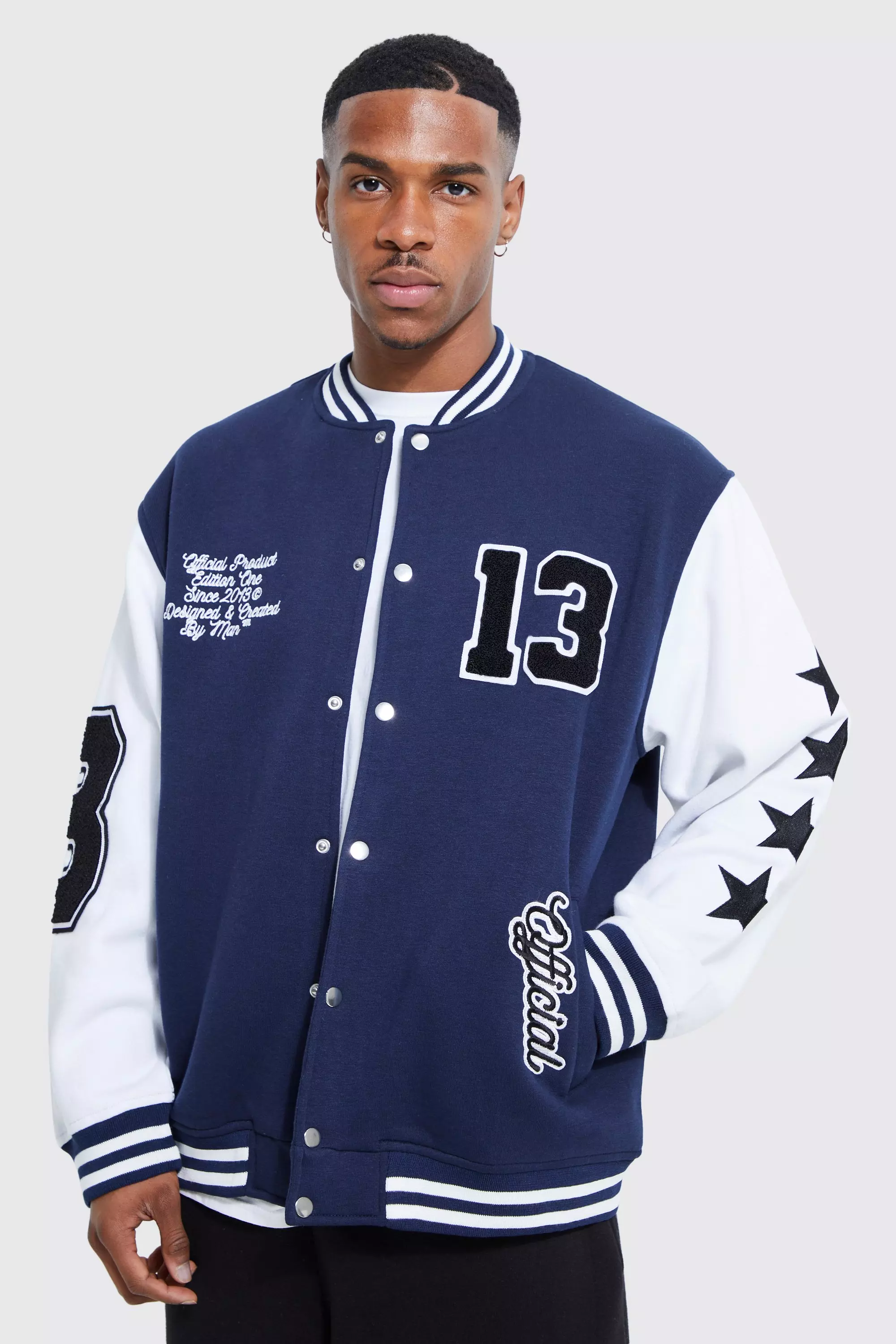 Oversized Badge Jersey Varsity Jacket Navy