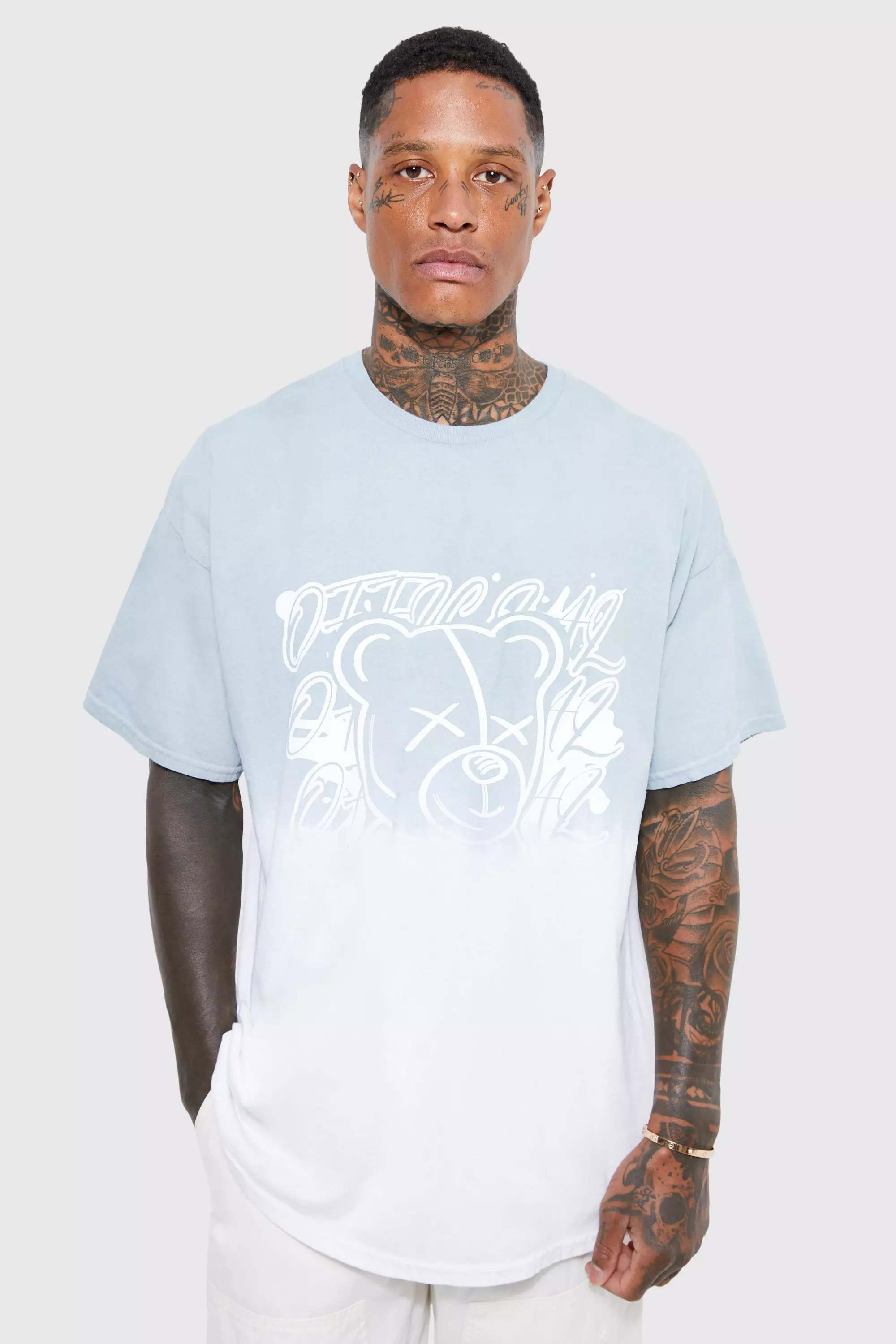 Green Oversized Ombre Dye Teddy Graphic T-shirt