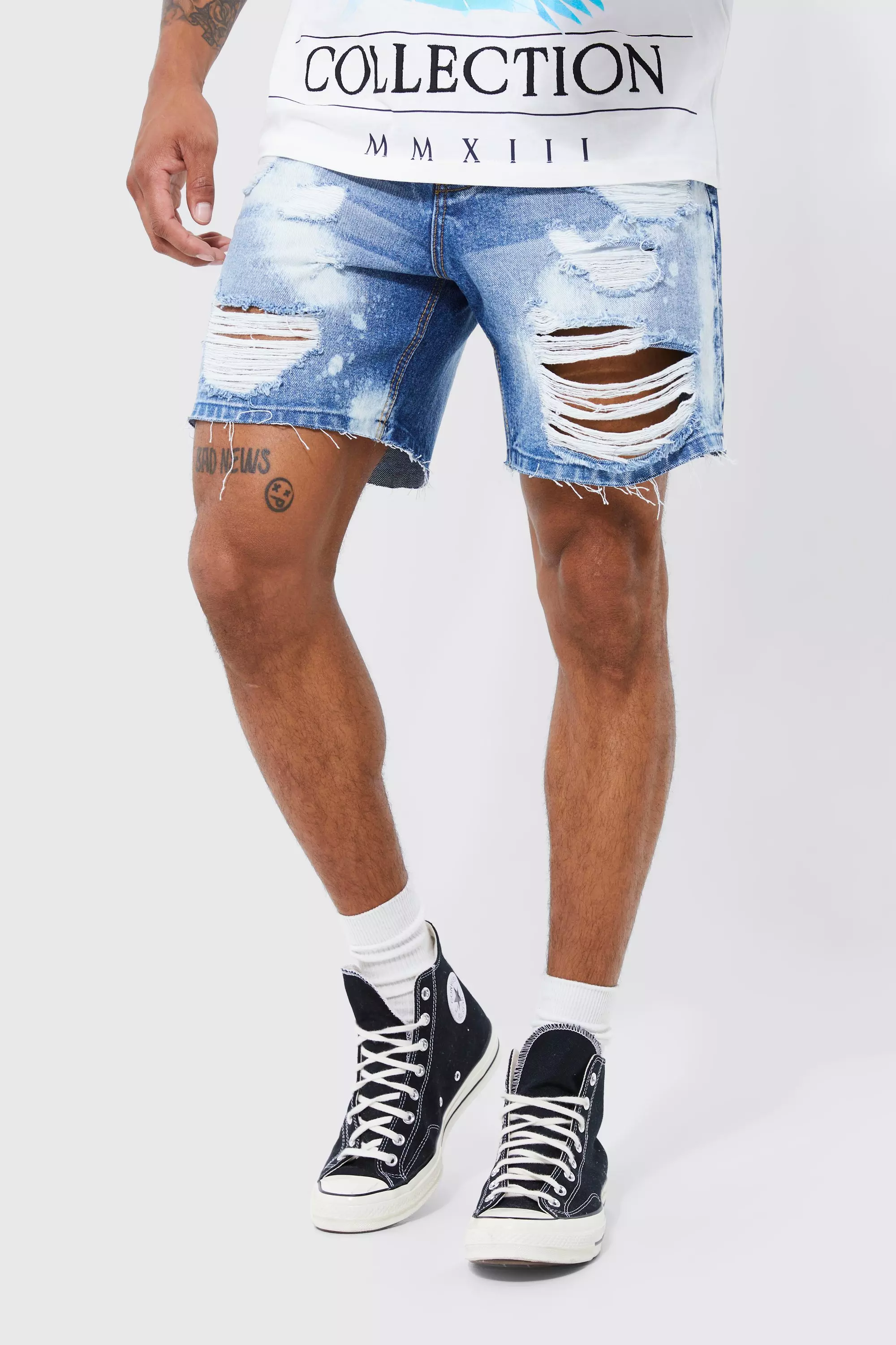 Blue Relaxed Fit Extreme Rip Bleached Jean Shorts