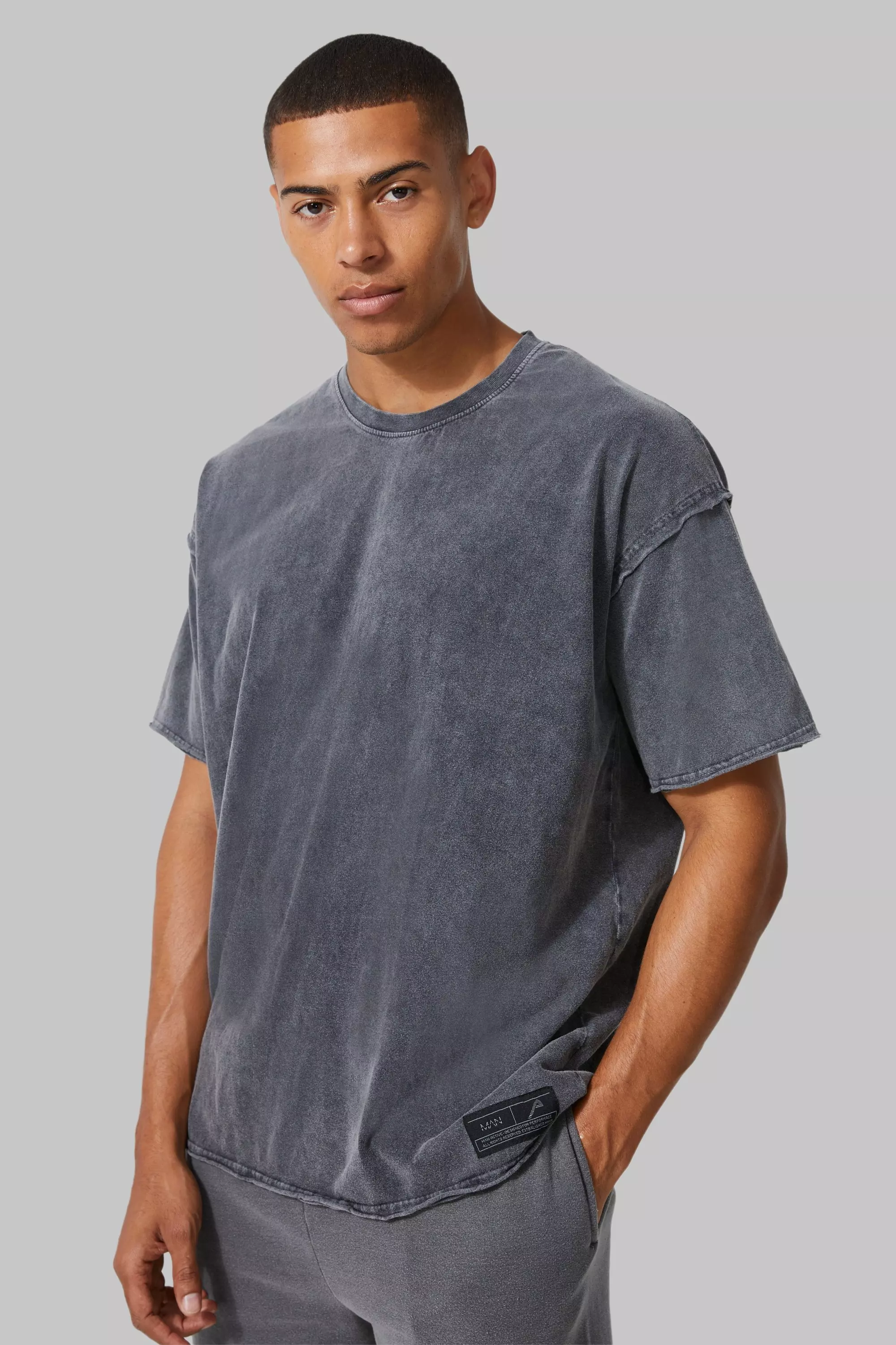 Man Active Oversized Acid Wash Raw T-shirt Charcoal