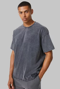 Man Active Oversized Acid Wash Raw T-shirt Charcoal