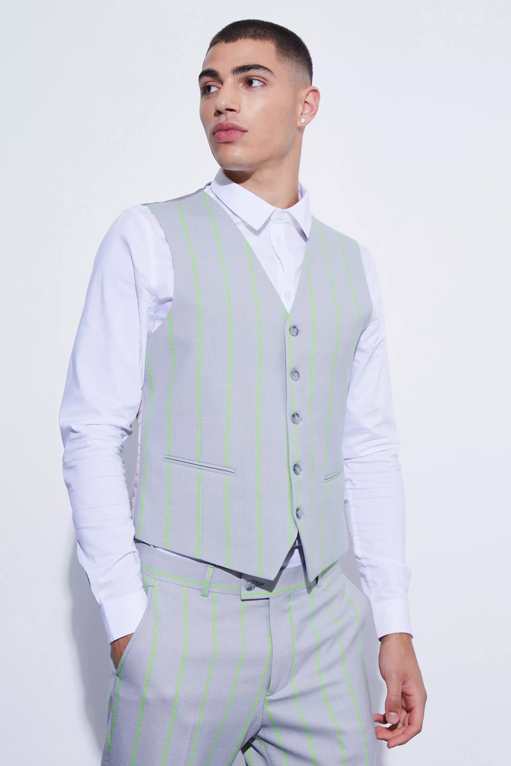 Slim Wide Stripe Waistcoat Light grey