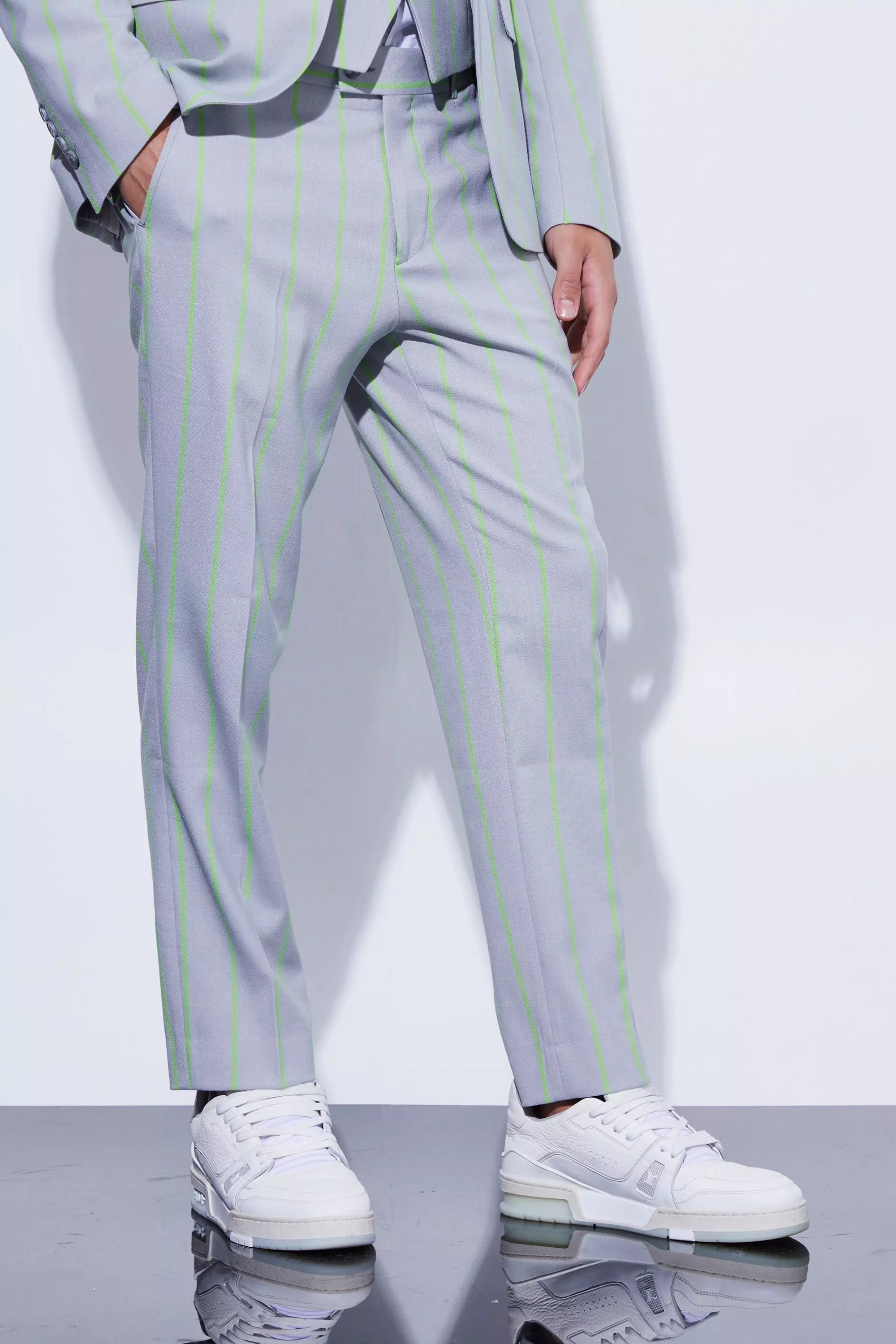 Slim Crop Wide Stripe Dress Pants Light grey