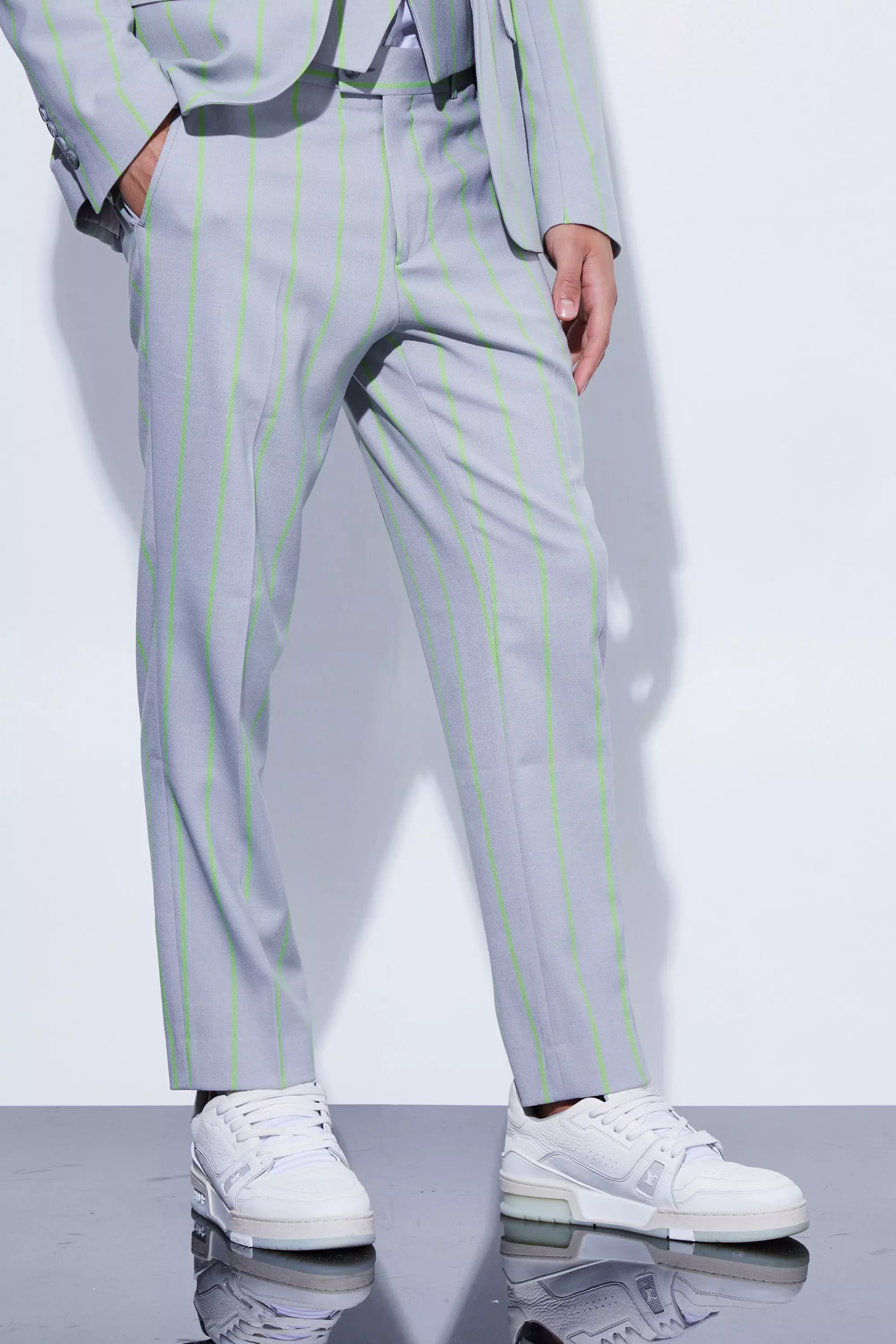 Grey Slim Crop Wide Stripe Suit Pants