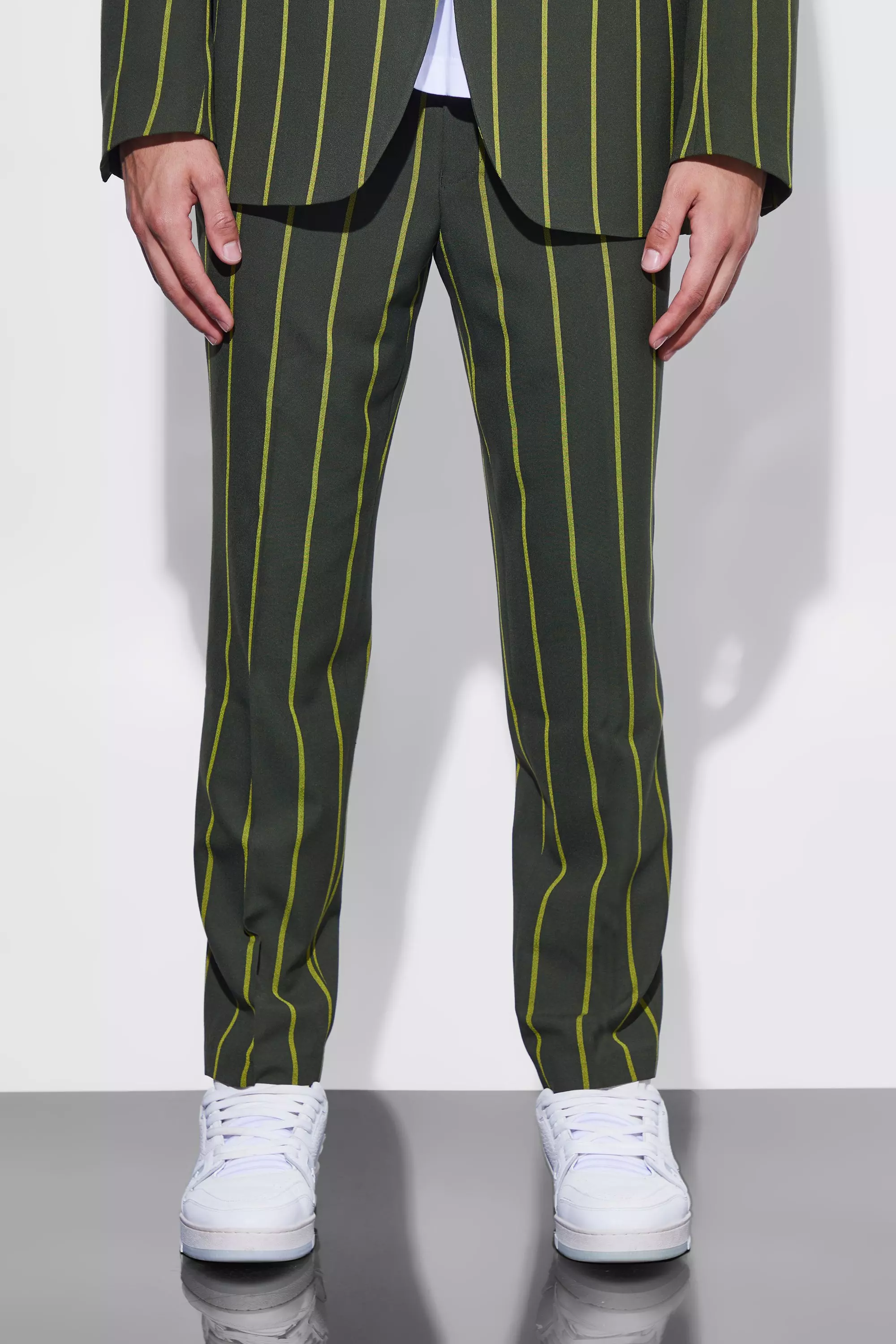 Slim Crop Wide Stripe Suit Pants Forest