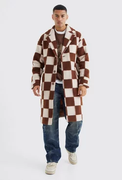 Wool Look Checkerboard Single Breasted Overcoat Brown