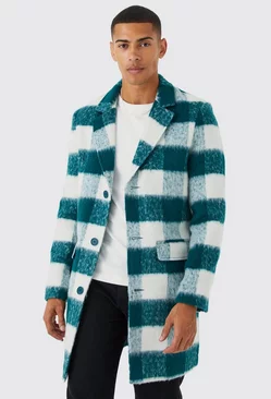 Wool Look Check Single Breasted Overcoat Green