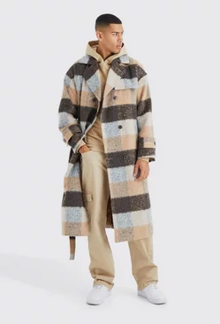 Wool Look Check Long Overcoat With Belt Brown