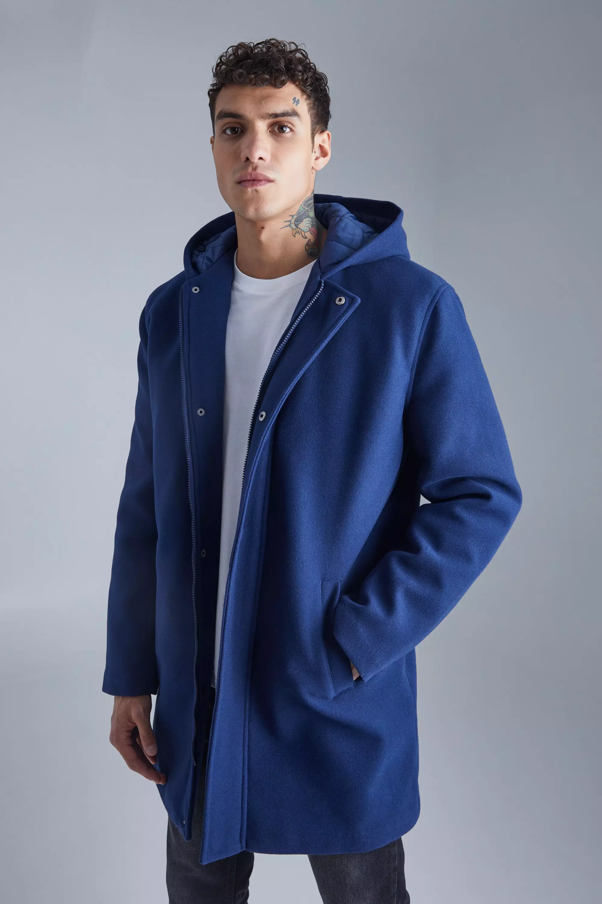 Concealed Placket Hooded Overcoat Navy