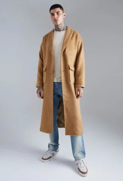 Single Breasted Brushed Wool Look Belted Overcoat Camel