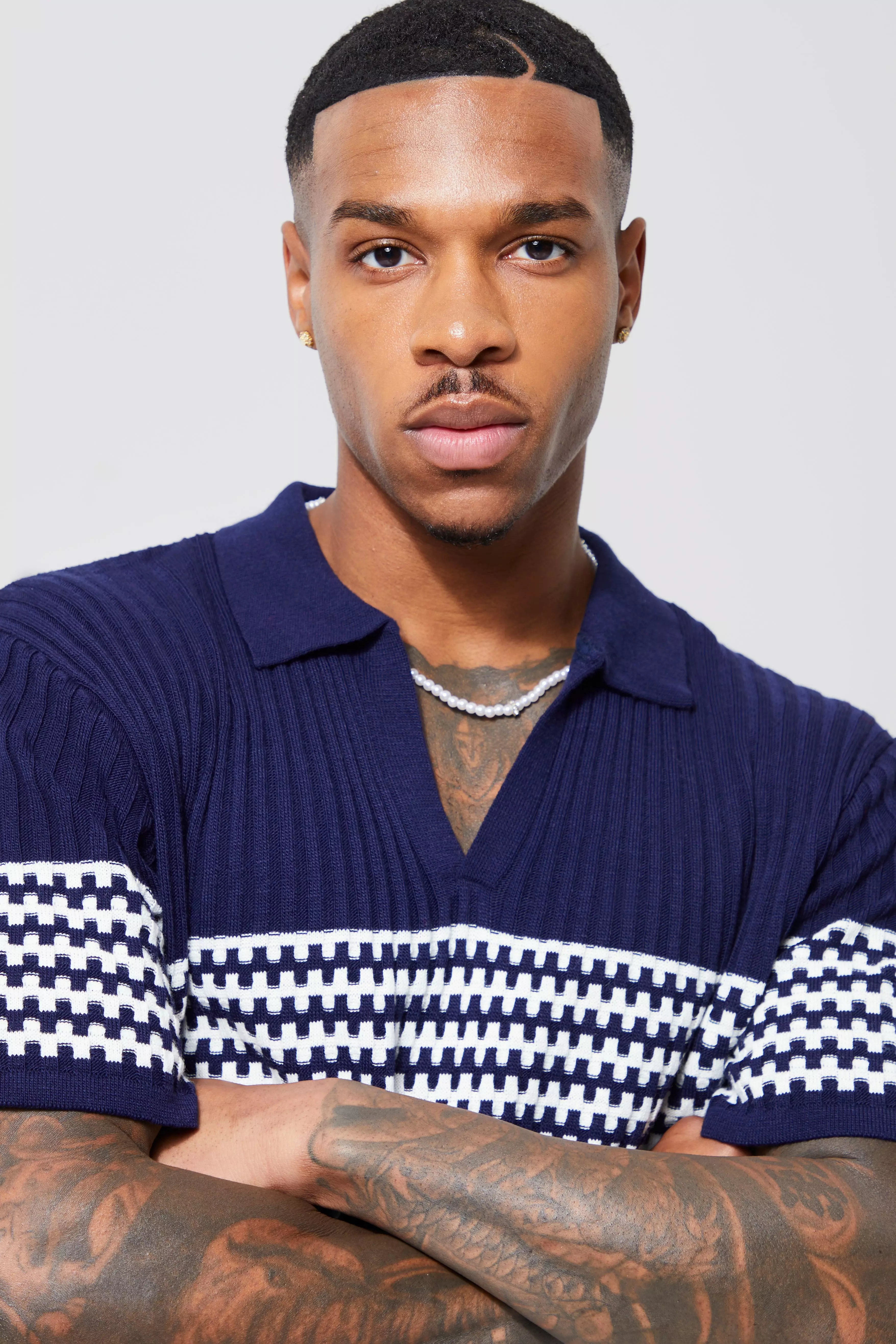 V Neck Striped Knitted Polo | boohooMAN USA