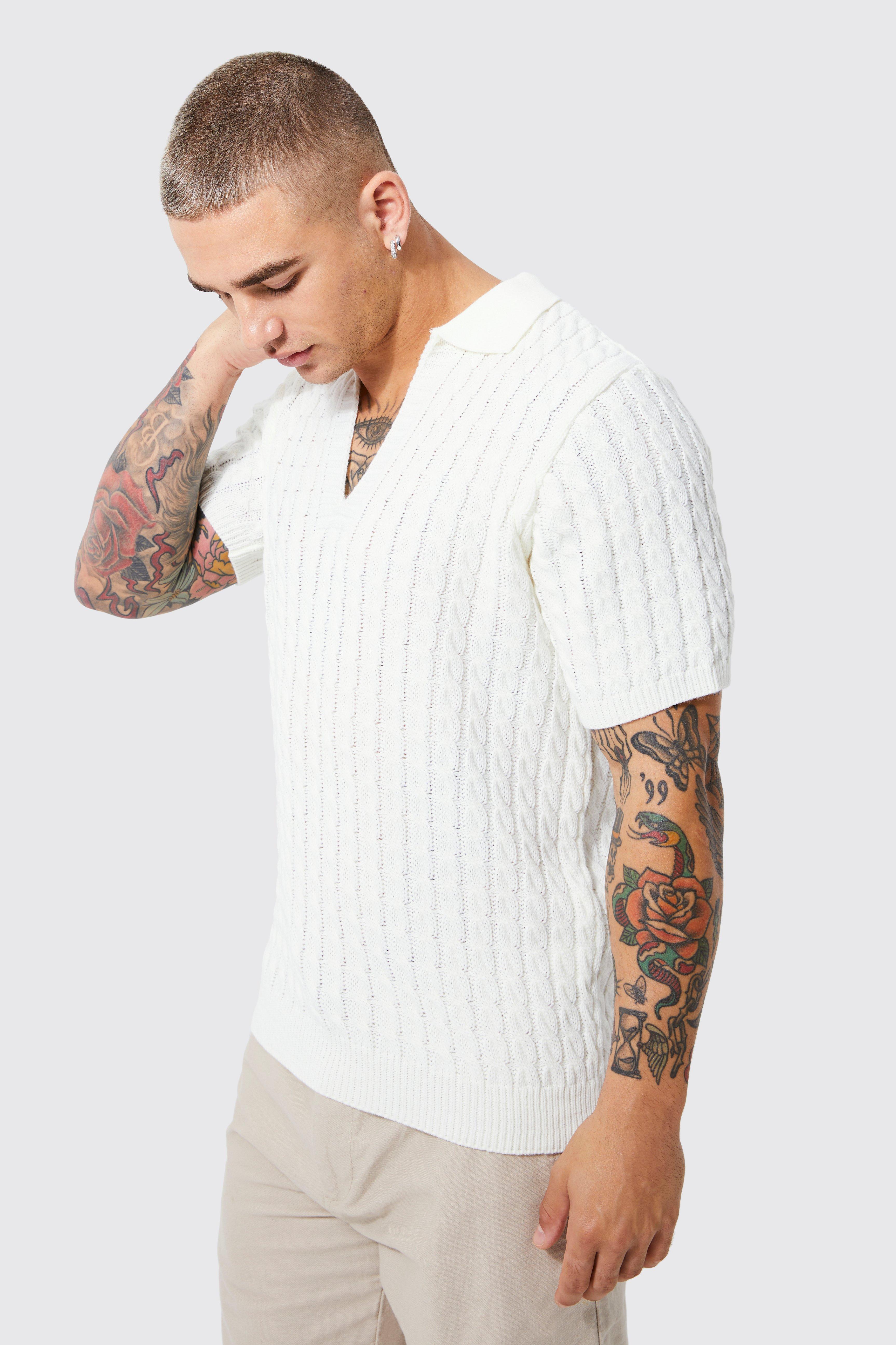 Ecru braided V-neck knit polo shirt