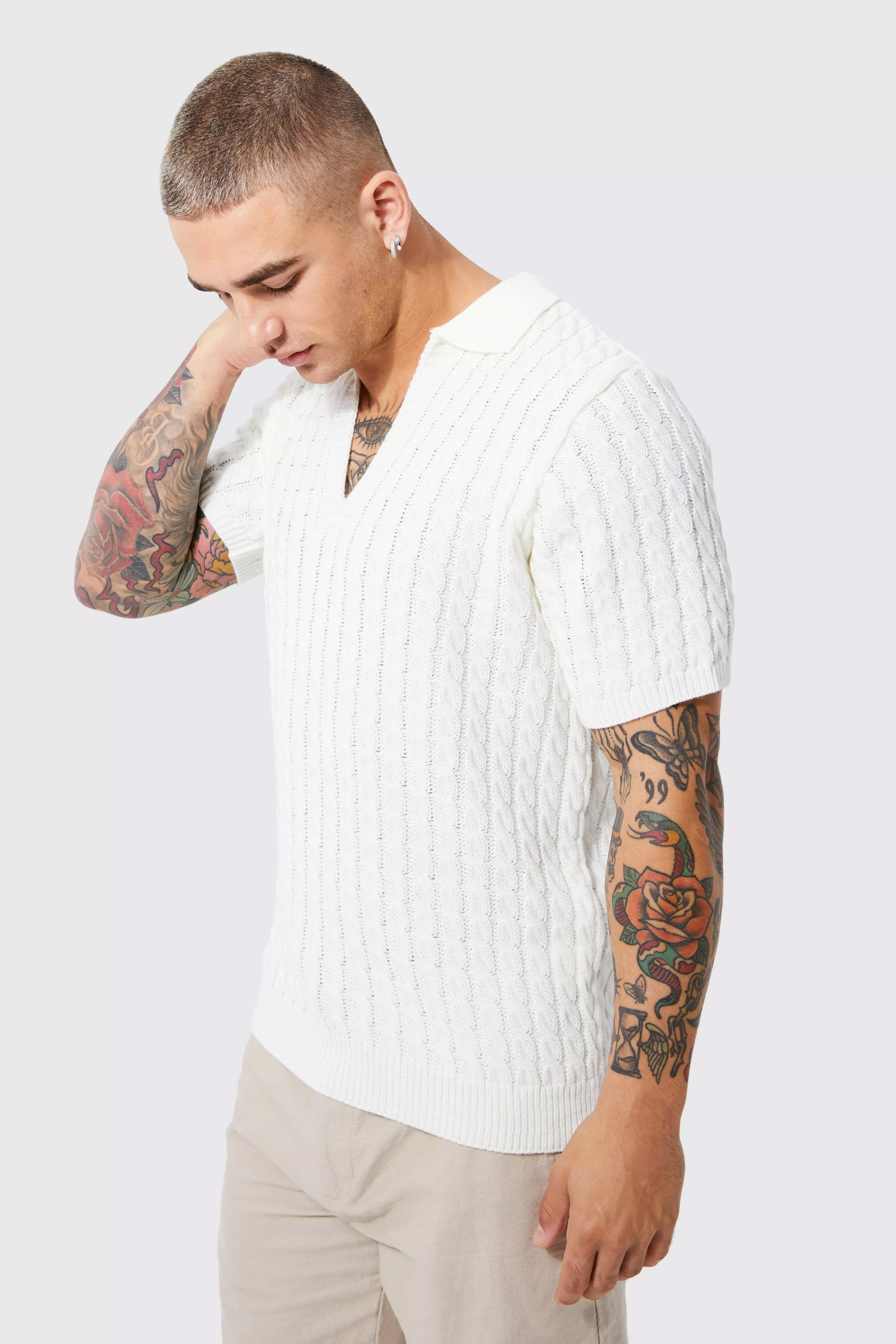 Regular Deep V Neck Waffle Knit Polo Ecru