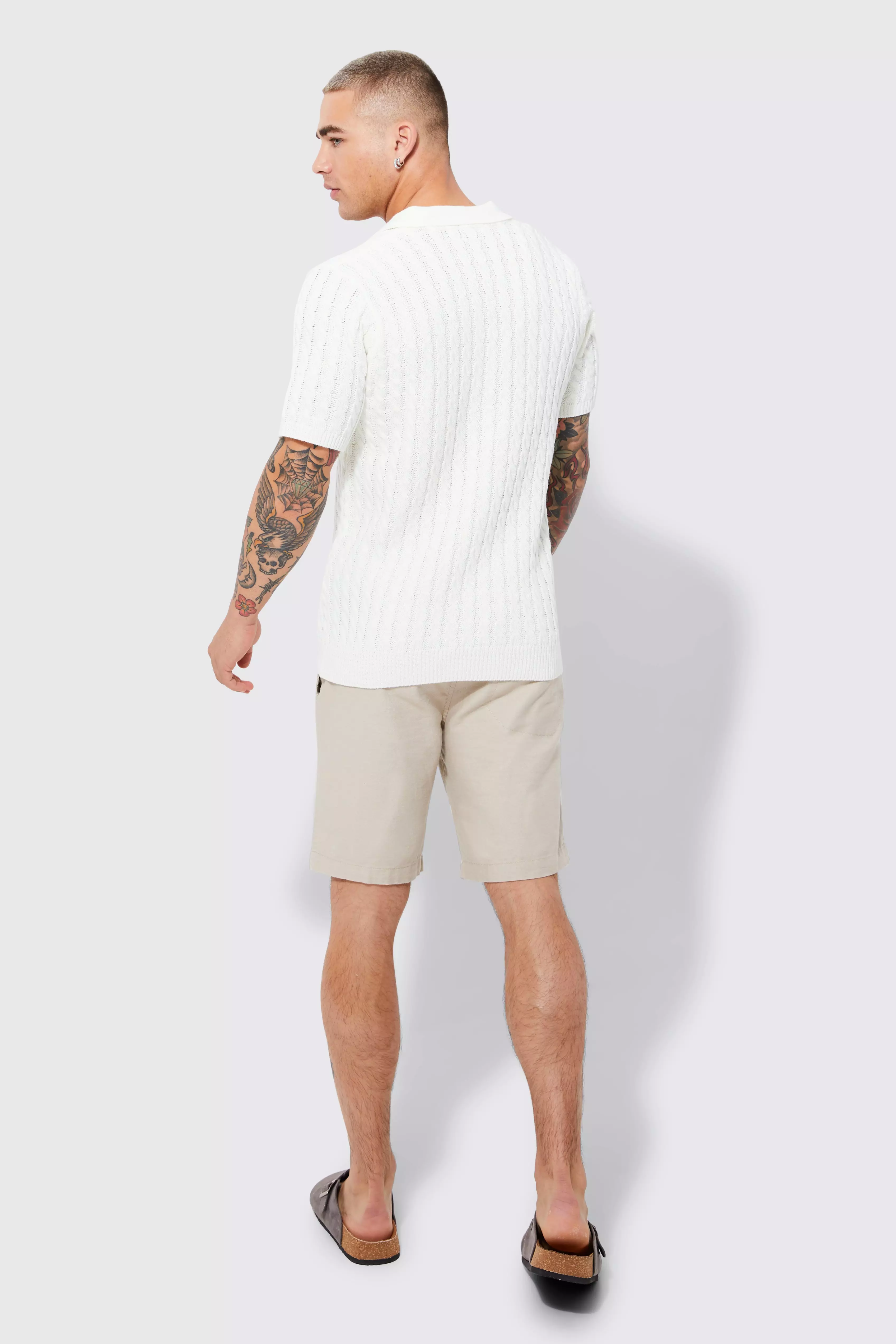 Ecru Regular Deep V Neck Waffle Knit Polo alternative image