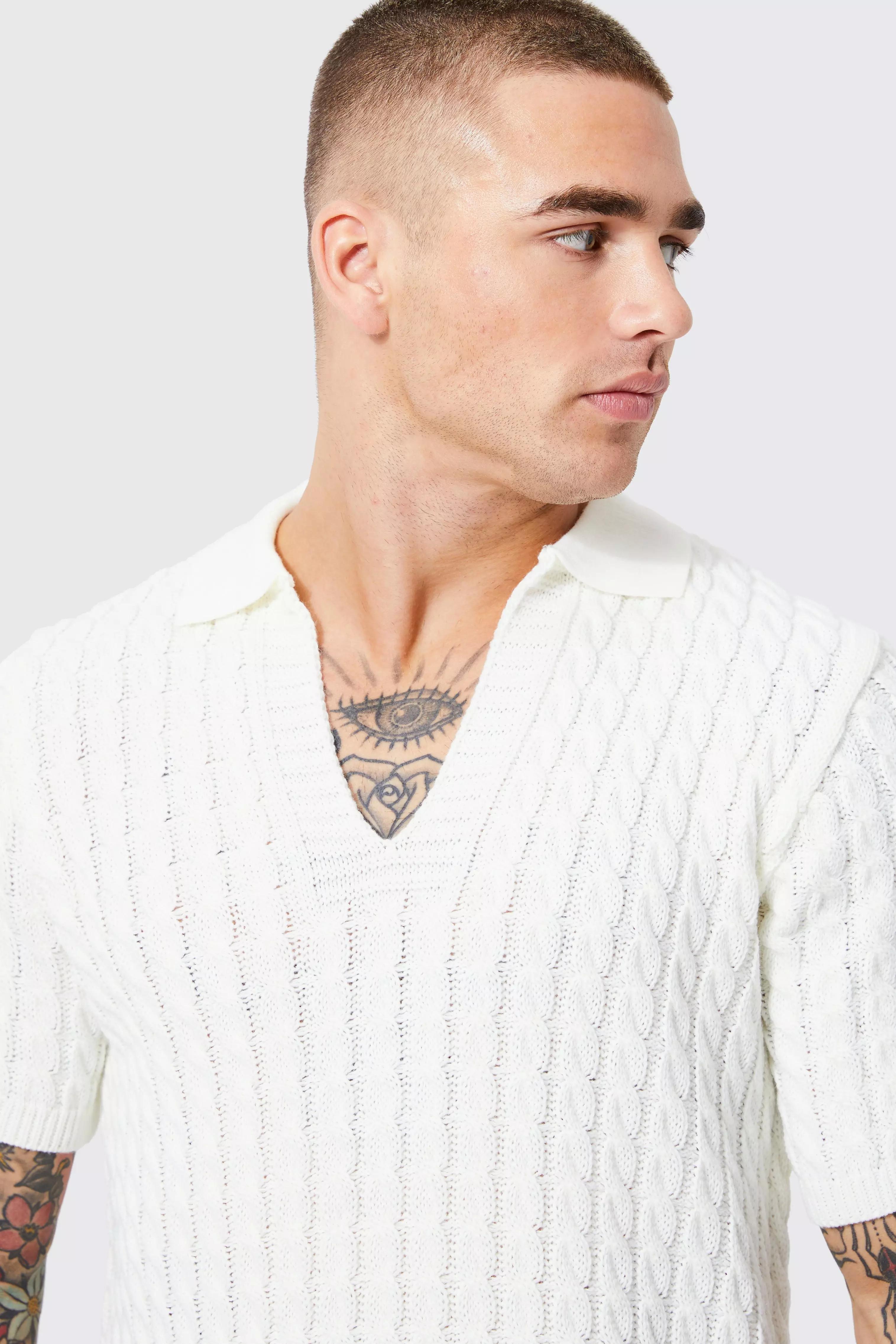 Ecru Regular Deep V Neck Waffle Knit Polo alternative image