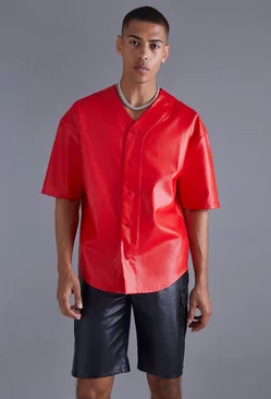 Pu Oversized Baseball Shirt Red
