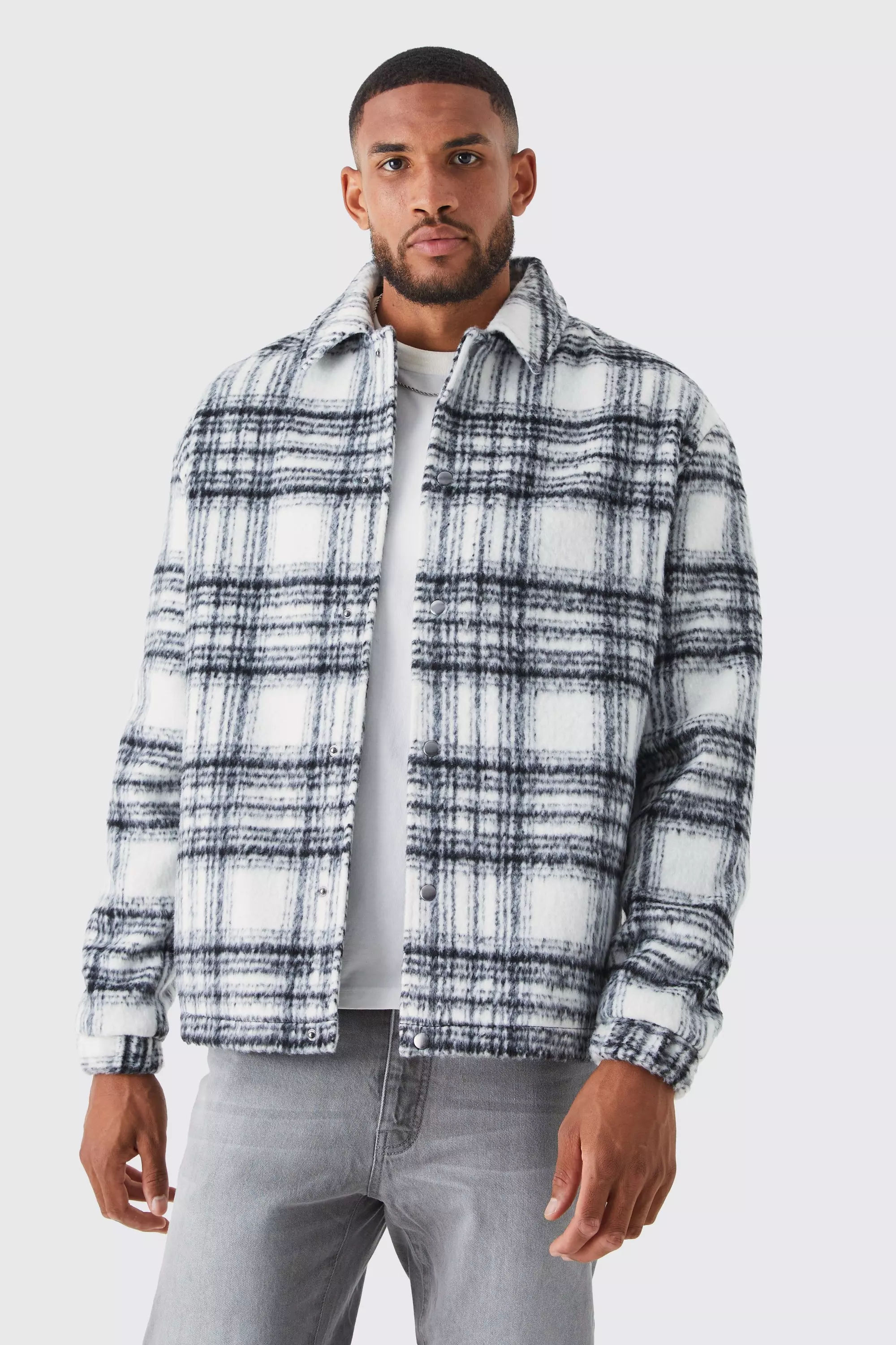 Tall Oversized Wool Look Check Harrington Grey