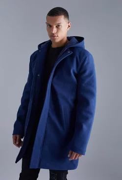 Tall Concealed Placket Hooded Overcoat Navy
