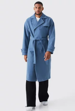 Blue Tall Double Breasted Storm Flap Trench Overcoat