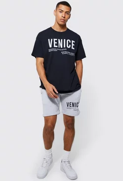 Oversized Venice City Print T-shirt Set Black
