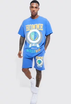 Oversized Overdyed Homme Varsity T-shirt Set Navy
