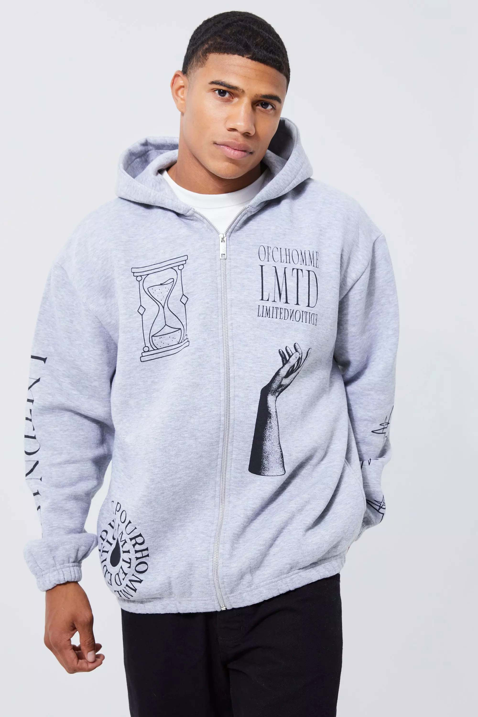 Oversized Multi Graphic Zip Through Hoodie Grey marl