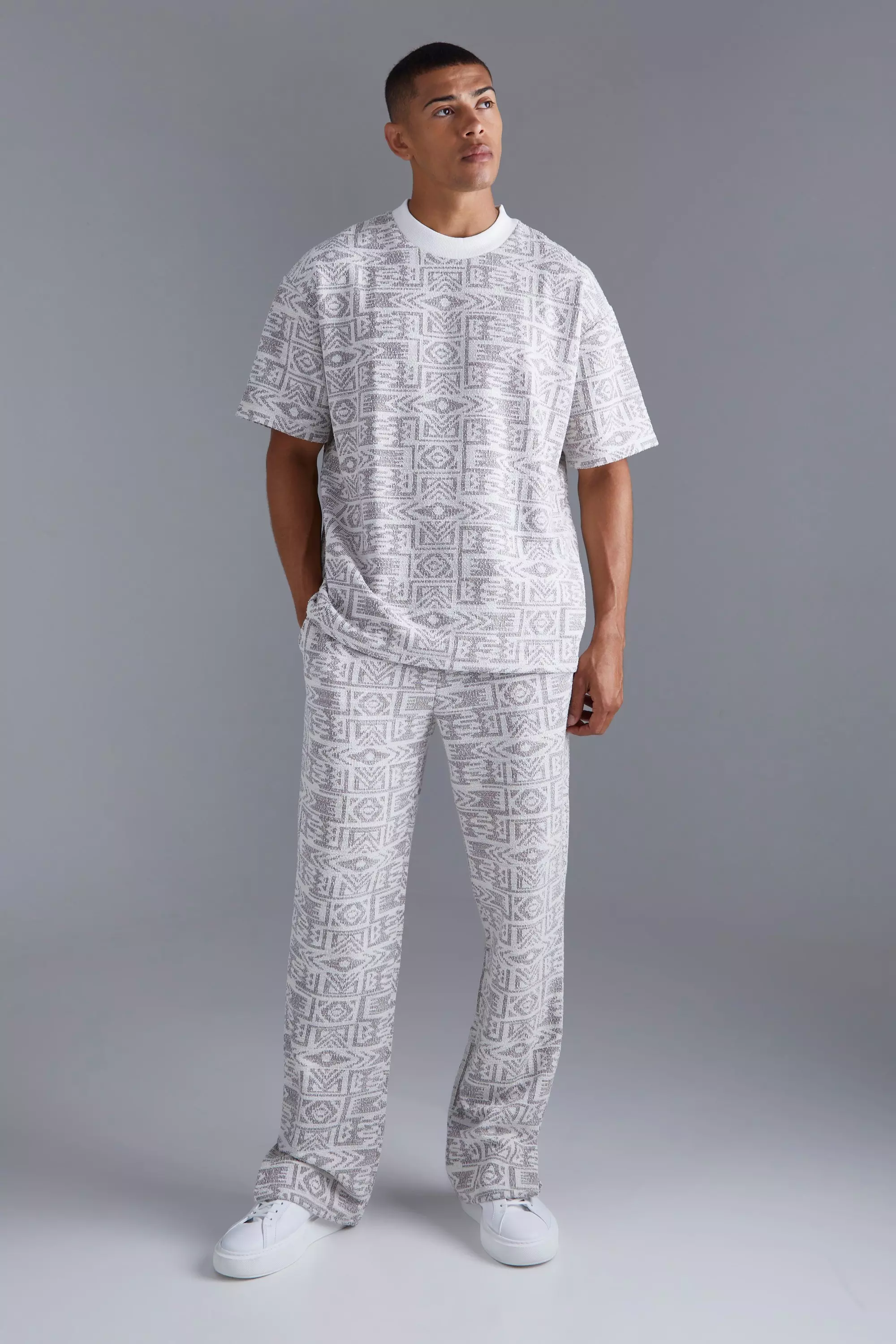 Oversized Jacquard Aztec T-shirt And Regular Sweatpants Set Purple