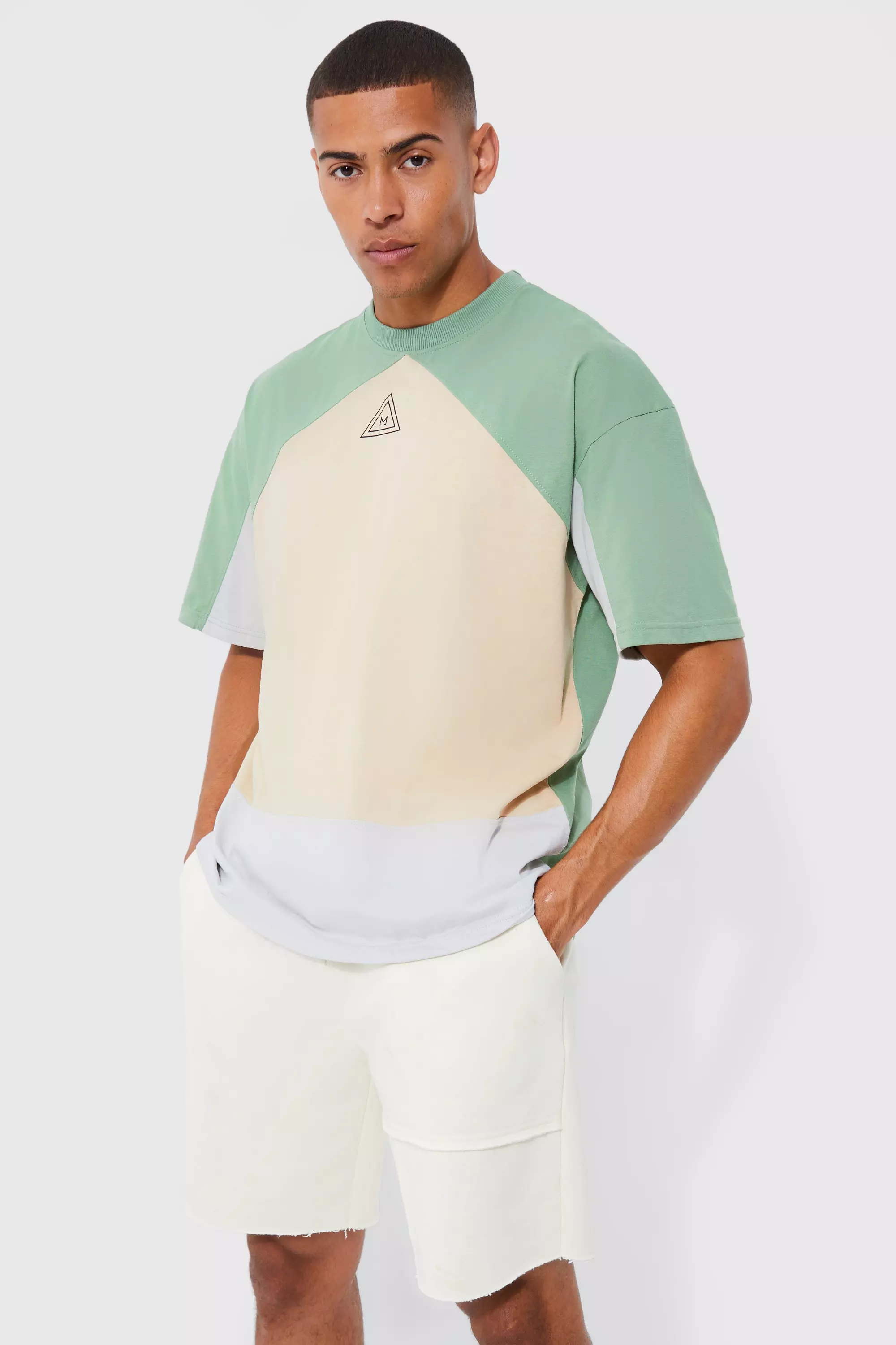 Sage Green Oversized Branded Colour Block T-shirt