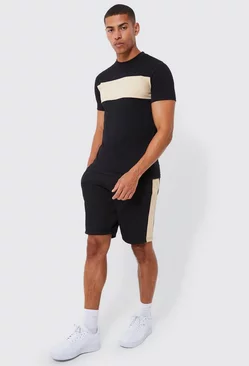 Slim Fit Colour Block T-shirt And Short Set Black