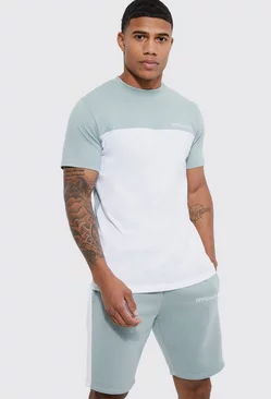 Sage Green Slim Fit Official Panel T-shirt And Short Set