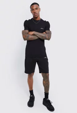 Black Muscle Fit Man Panel T-shirt And Short Set
