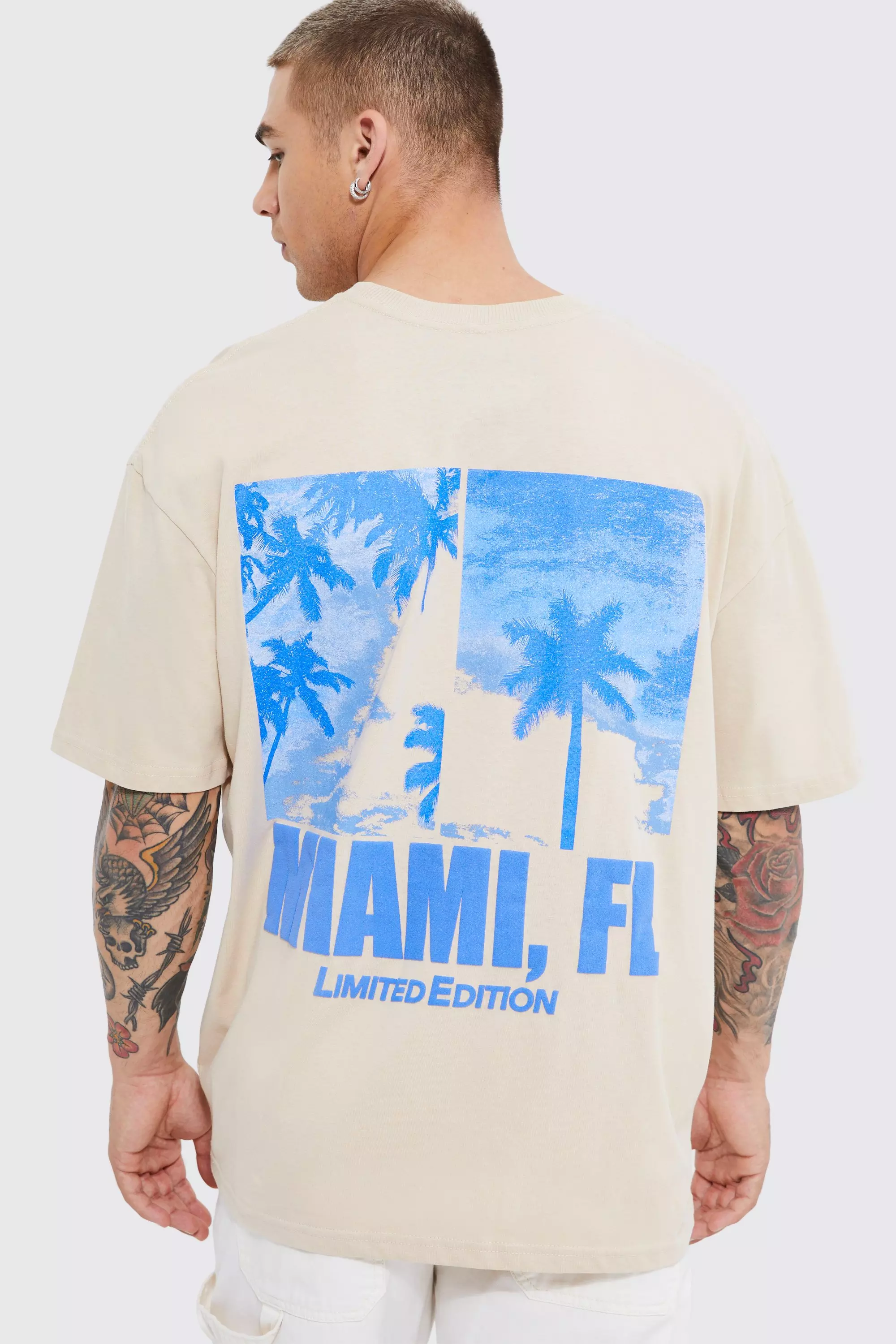 Stone Beige Oversized Miami Puff Print T-shirt