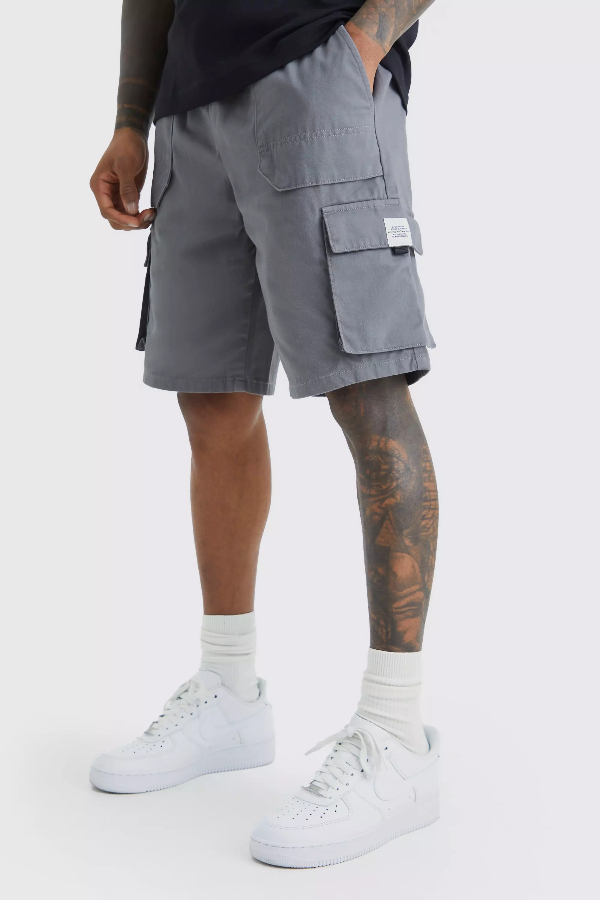 Elastic Relaxed Cargo Short With Tab Charcoal