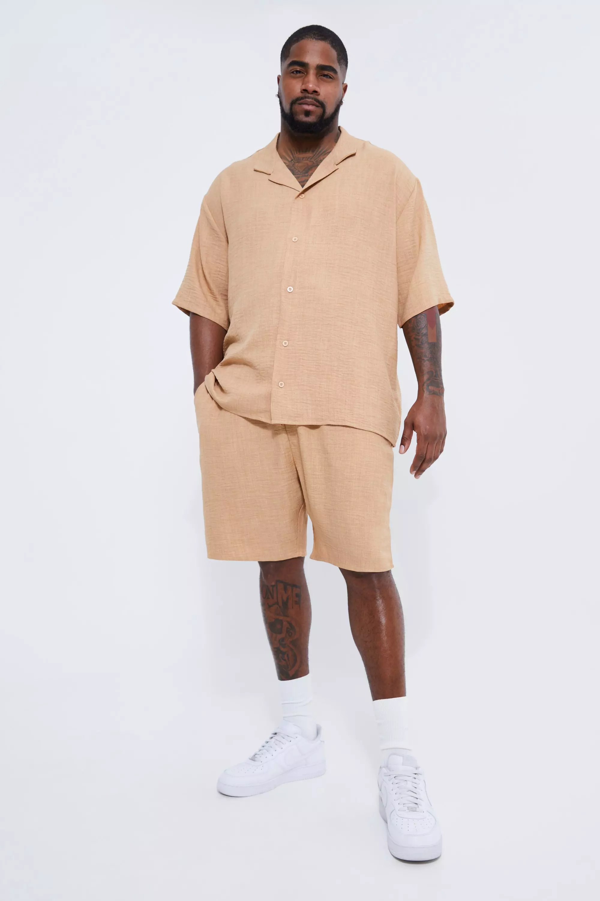 Taupe Beige Plus Short Sleeve Drop Revere Linen Shirt & Short Set
